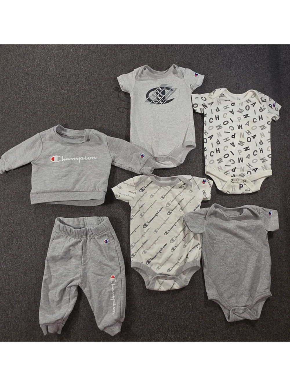 Champion Baby Boy 6pc Wardrobe Bundle | Grey Sweatsuit & Bodysuits | 0-3M